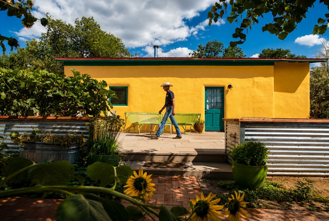 David Campbell walking outside Casa Amarilla at The Turquoise Trail Sanctuary, a restored historic adobe property in Cerrillos, New Mexico.