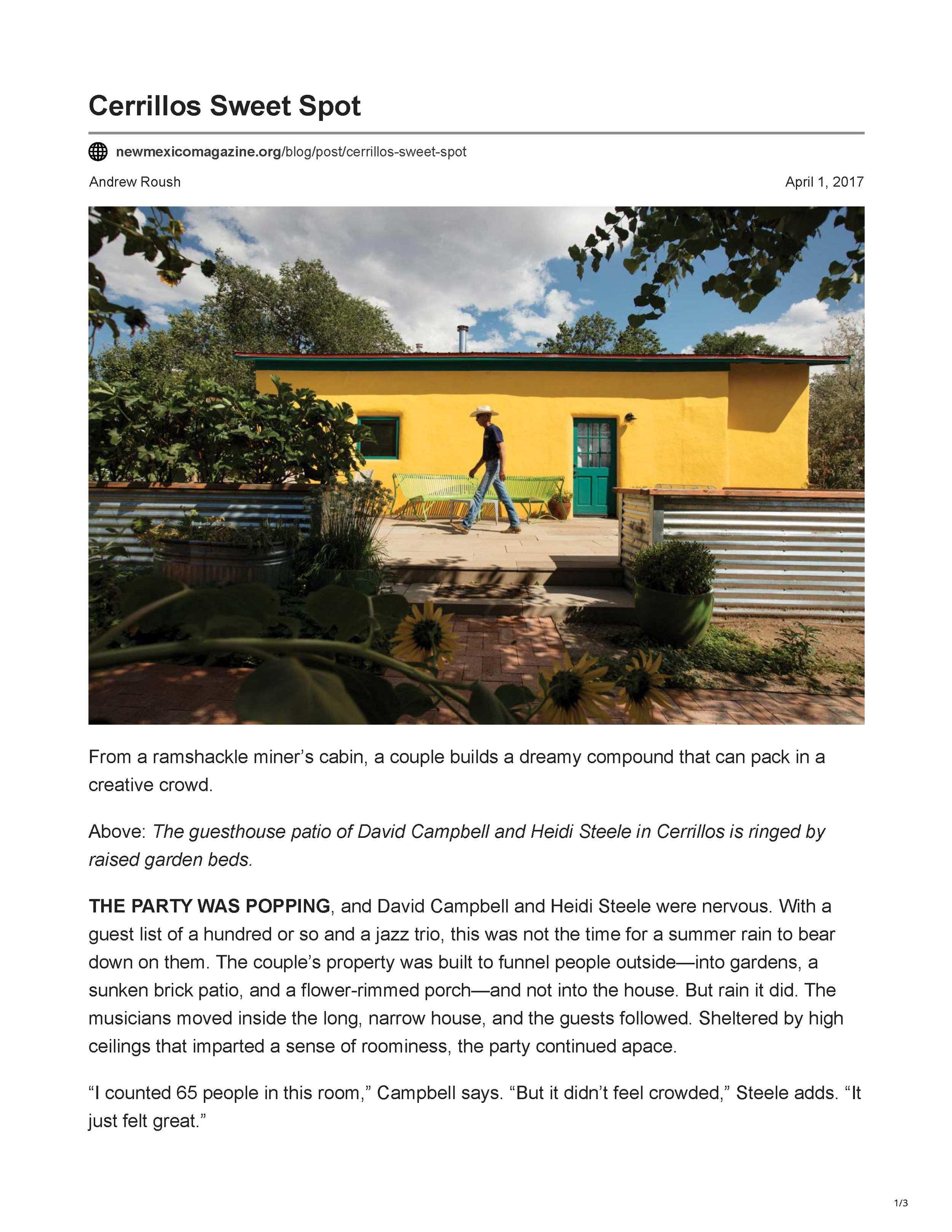 First page of the New Mexico Magazine article "Cerrillos Sweet Spot," featuring The Turquoise Trail Sanctuary in Cerrillos, New Mexico.