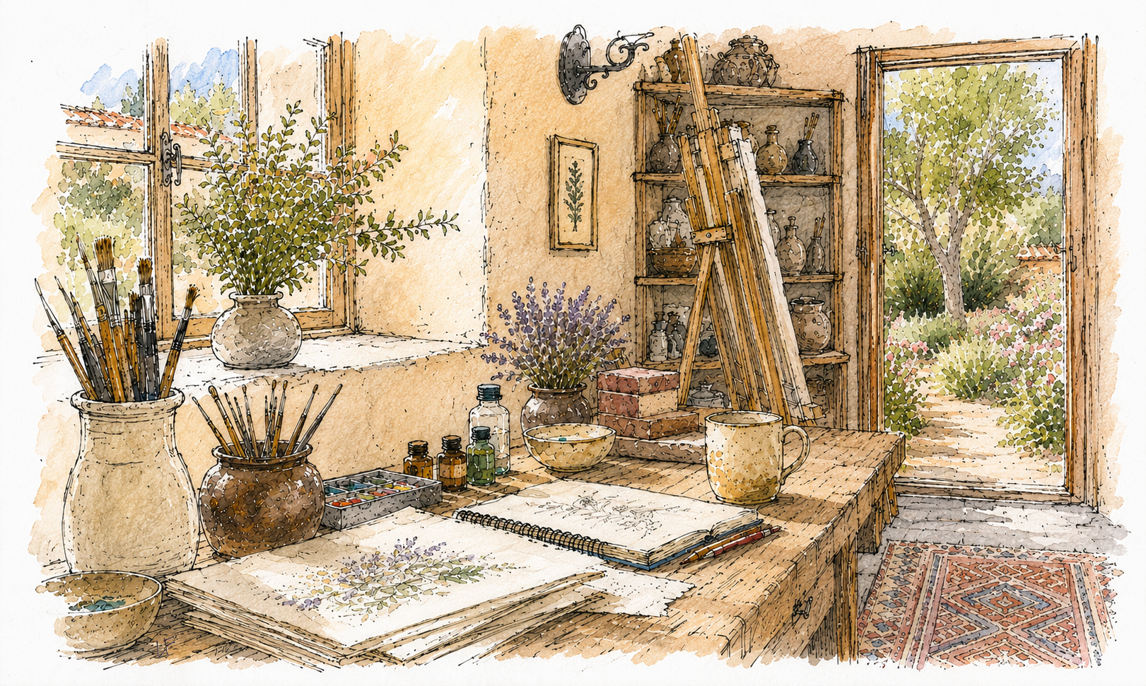 Imagined rendering of The Turquoise Trail Sanctuary Artist's Studio, showing the imagined studio in the artistic style of local artist Lisa Flynn.
