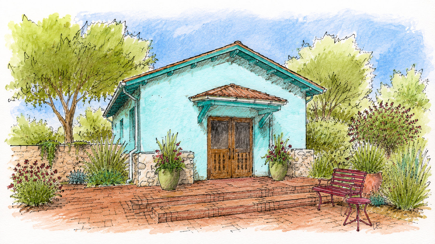 Artist's original rendering of The Turquoise Trail Sanctuary, showing picturesque Casa Azul among the quaint desert landscape and potted desert flora.