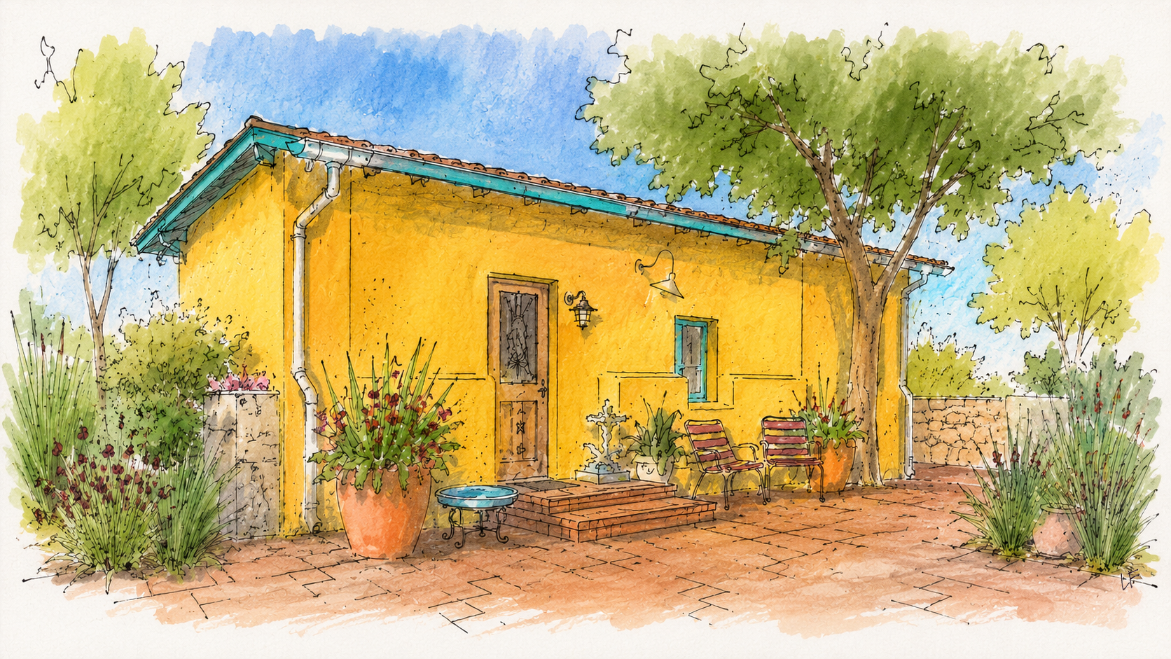 Artist's original rendering of The Turquoise Trail Sanctuary, showing picturesque Casa Amarilla among the quaint desert landscape and container garden.