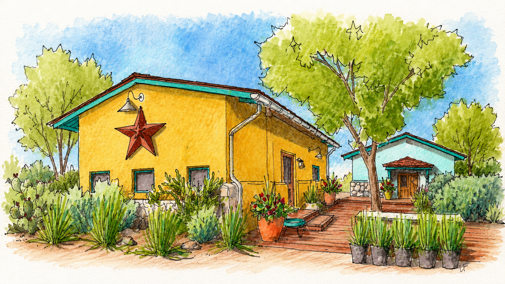 Artist's original rendering of The Turquoise Trail Sanctuary, showing colorful Casa Amarilla, Casa Azul, as well as views of the desert landscaping.
