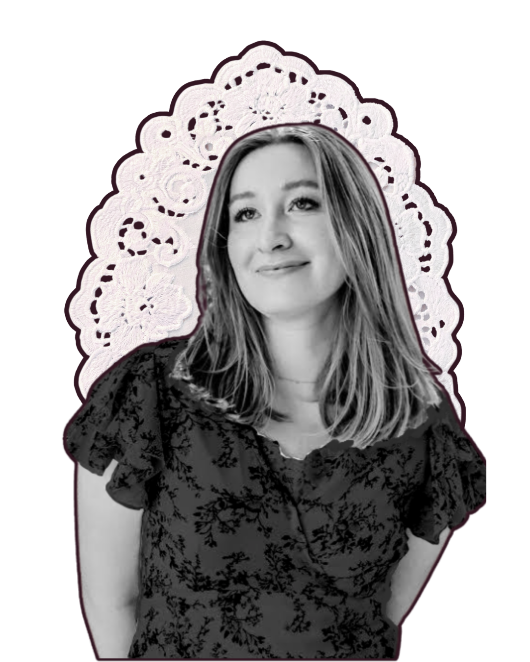 Black and white photo of a woman with shoulder-length hair wearing a floral print blouse, with a lace doily in the background.