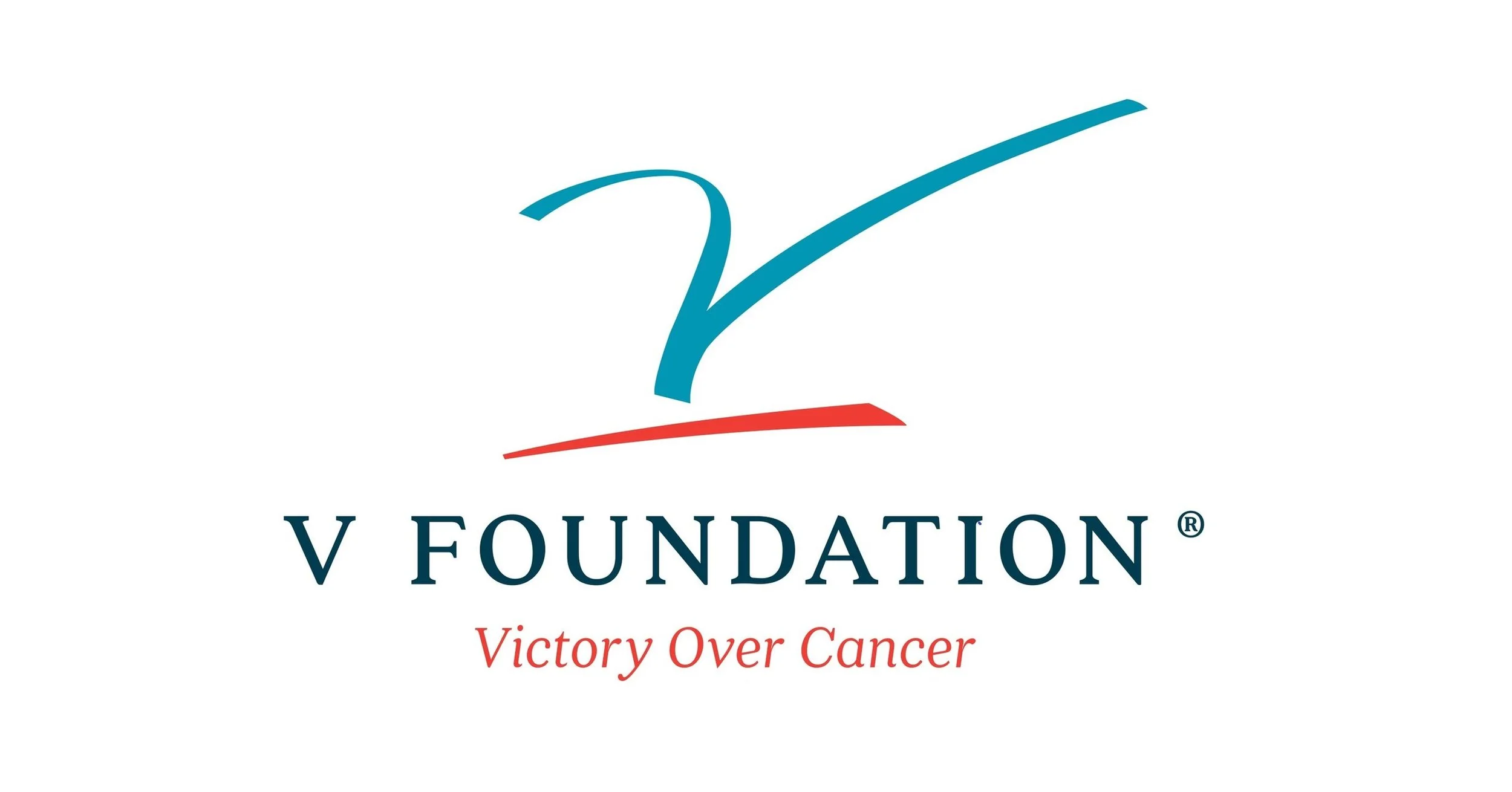 The logo of V Foundation features a stylized checkmark with blue and red colors, accompanied by the text 'V FOUNDATION' and the slogan 'Victory Over Cancer'.