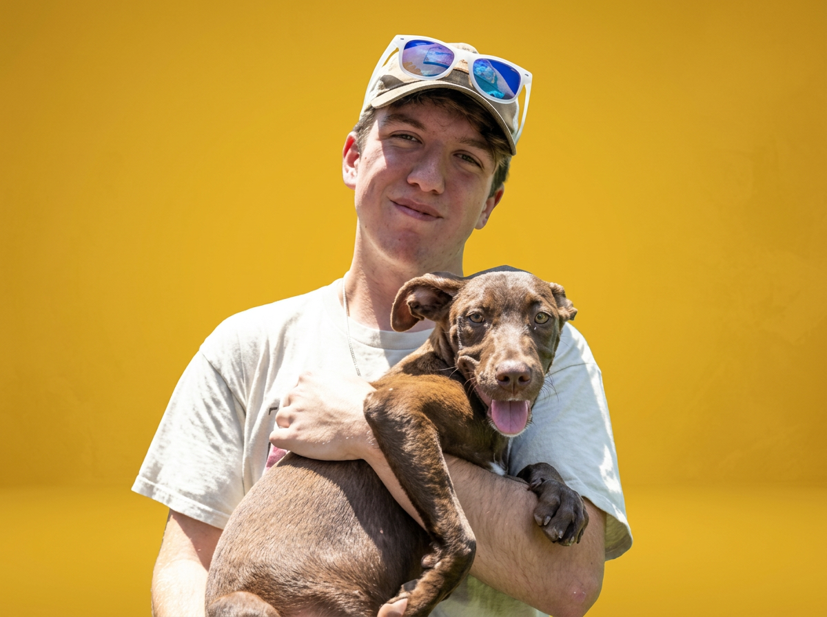 A young man holding a brown puppy with a yellow background.