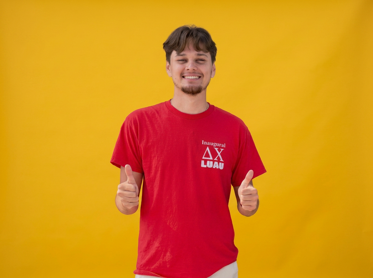 A young man with brown hair and a beard, smiling and giving two thumbs up, wearing a red T-shirt with white text and symbols, standing in front of a bright yellow background.
