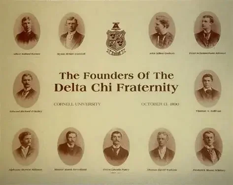 Photographs of the founders of Delta Chi Fraternity, along with the fraternity crest, and text indicating the event at Cornell University on October 13, 1980.