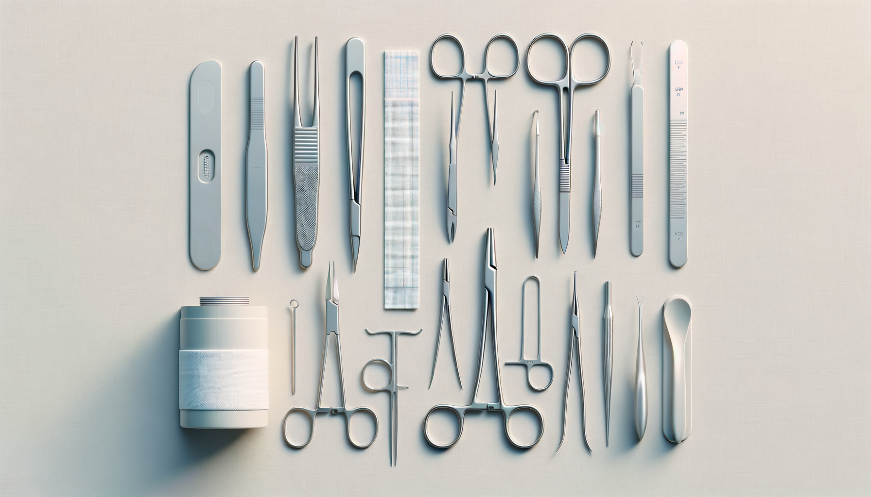 Medical and surgical tools neatly arranged on a flat surface including scalpels, scissors, forceps, tweezers, a tongue depressor, gauze, and other instruments typically used in surgery or medical examinations.