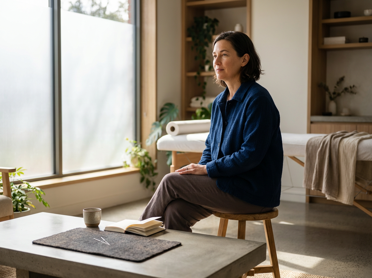 A woman sitting on a stool in a bright, cozy room, looking out the window with a peaceful expression. On the table in front of her are an open book, a cup, and a pair of glasses. The room has wooden shelves, plants, and a massage table or bed draped with a blanket.