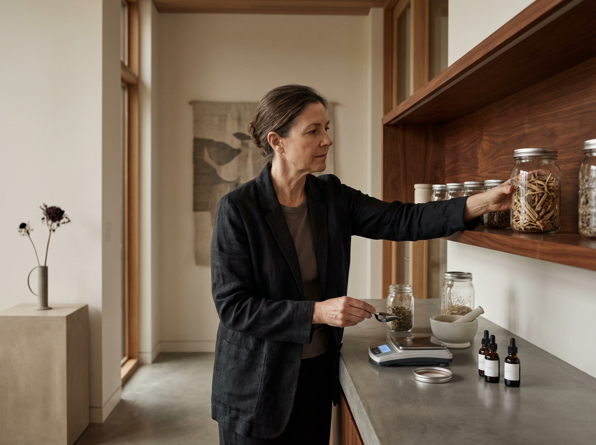 A woman in a black blazer is measuring herbs or spices with a digital scale in a kitchen. She is reaching for a jar on a wooden shelf.
