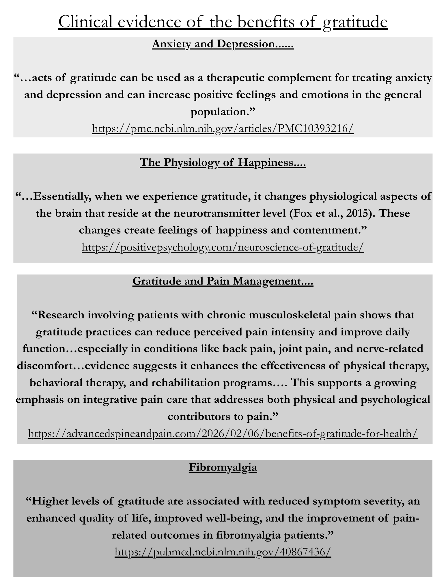 A scientific article with the title 'Clinical evidence of the benefits of gratitude' discussing topics like anxiety, depression, happiness, pain management, fibromyalgia, and the effects of gratitude on health, along with various web links.