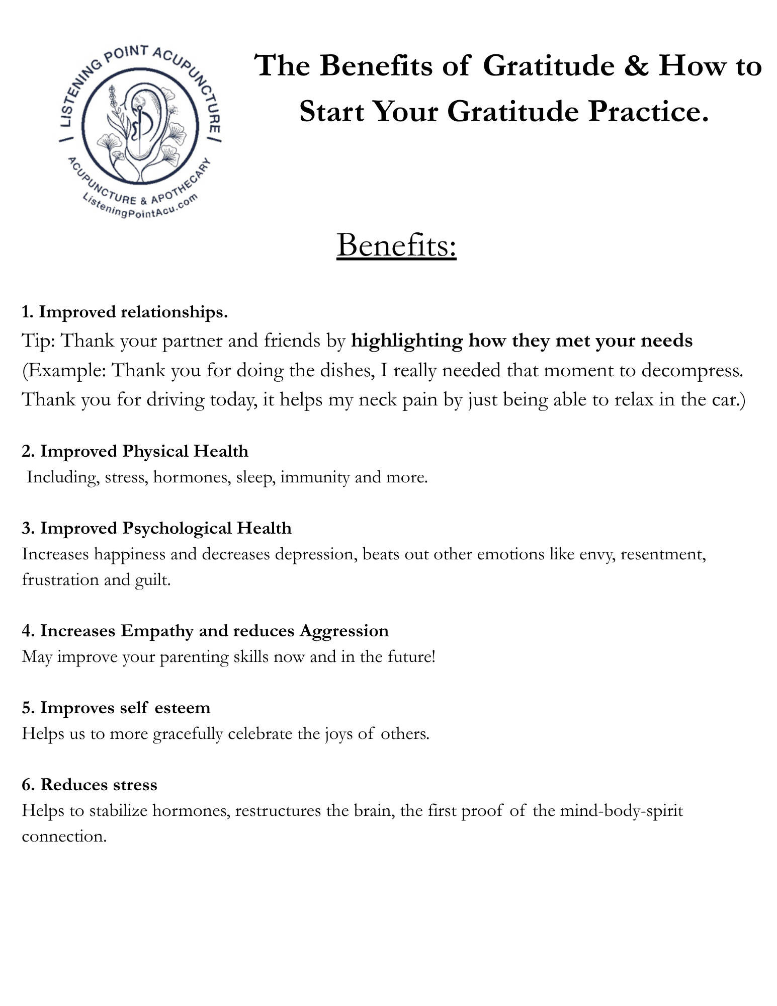 Document titled "The Benefits of Gratitude & How to Start Your Gratitude Practice." It features a circular logo with an ear and acupuncture needles, surrounded by the text "Listening Point Acupuncture" and "Acupuncture & Apothecary." The document lists several benefits of gratitude, including improved relationships, physical health, psychological health, empathy, self-esteem, and stress reduction, with tips and explanations for each benefit.