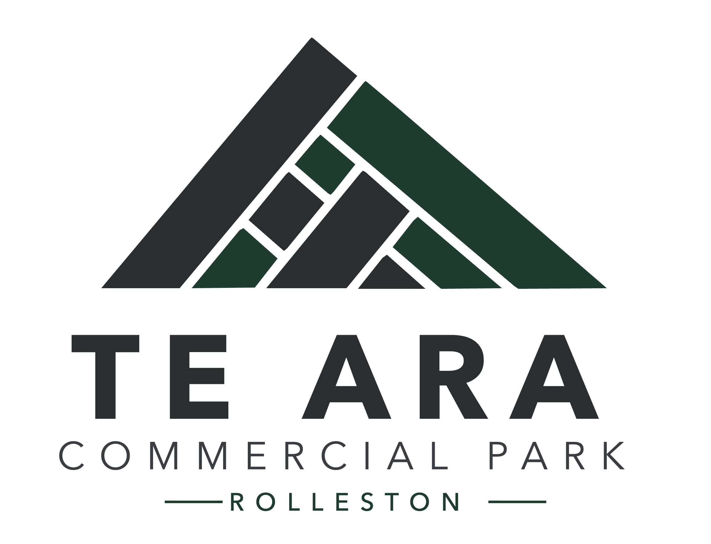 Logo for Teaará Commercial Park with a stylized mountain made of green and gray blocks above the text 'Teaará Commercial Park' and 'Polloestón'.