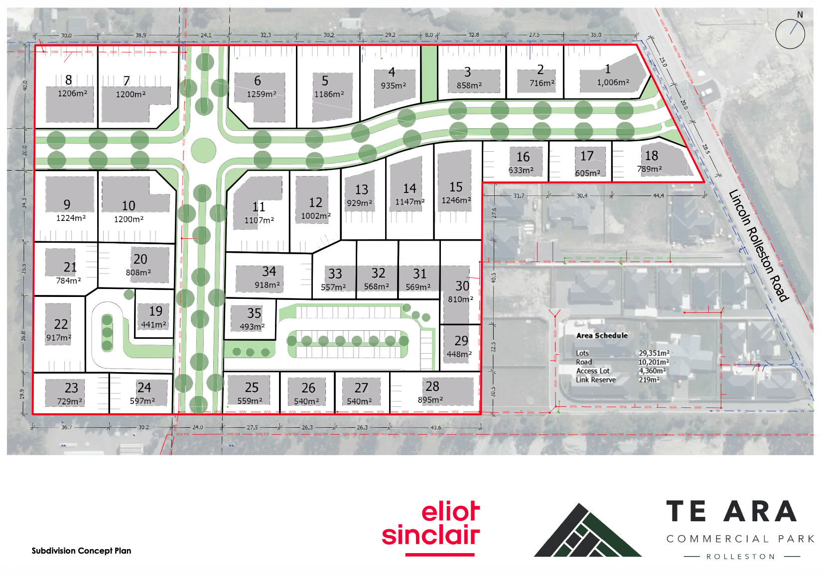 A detailed subdivision concept plan layout for Te Ara Commercial Park in Rolleston. It shows numbered lots with their respective sizes, internal roads, green spaces, and landscape features. The plan includes a scale, compass, and area schedule with totals for lots, roads, access lots, and link reserves.
