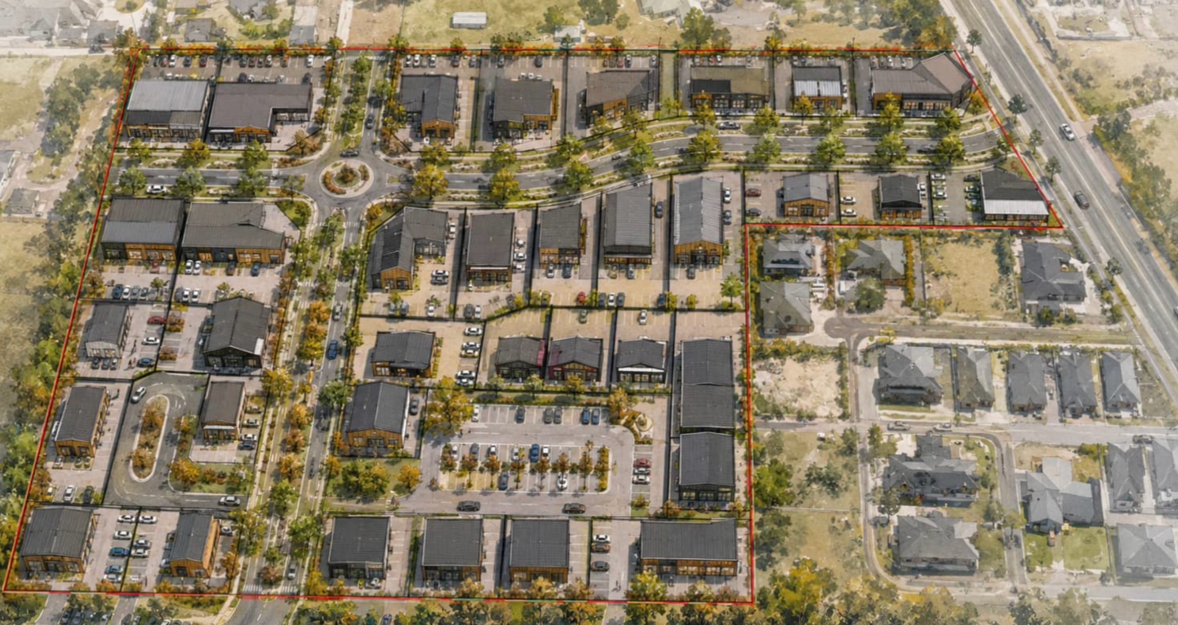 Aerial view of Te Ara Commercial Park development in Rolleston.