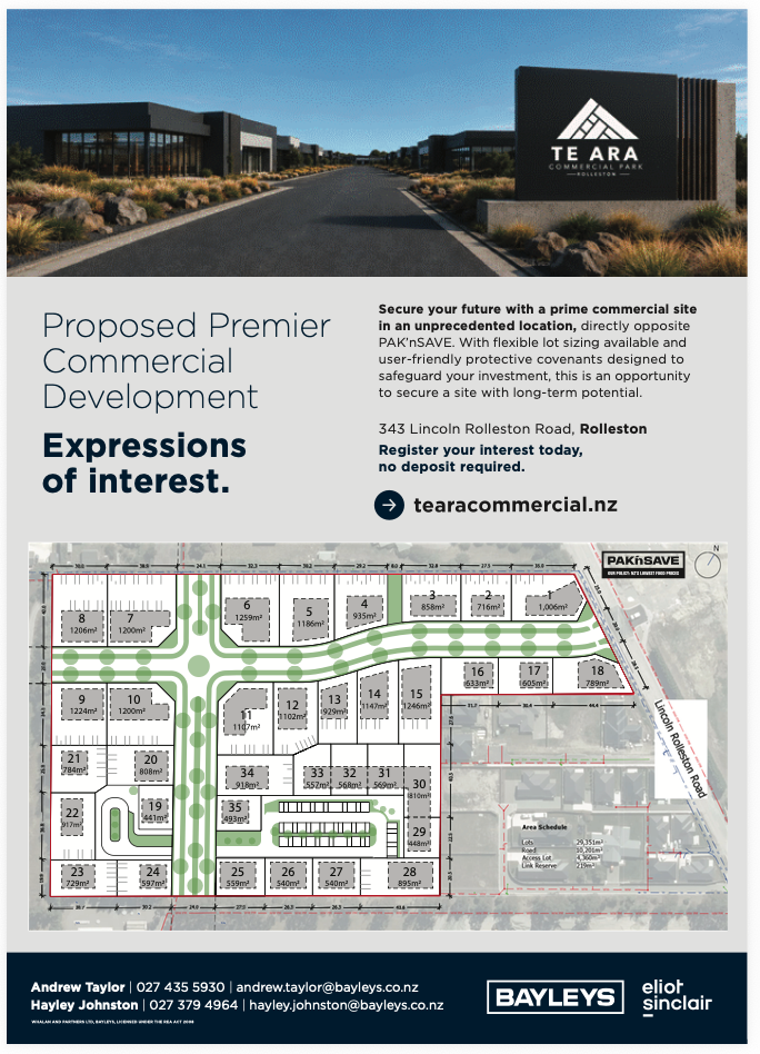 A promotional flyer for TE ARA Commercial Park in Rolleston, featuring a photo of the entrance with a road, modern buildings, and landscape, along with a site map detailing lot sizes and locations, contact information, and a call to action to register interest.