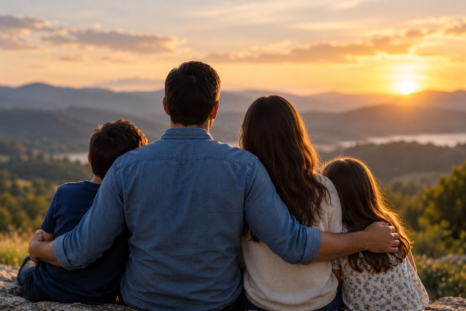 Familia de cuatro personas sentada en naturaleza observando un atardecer en un paisaje montañoso.