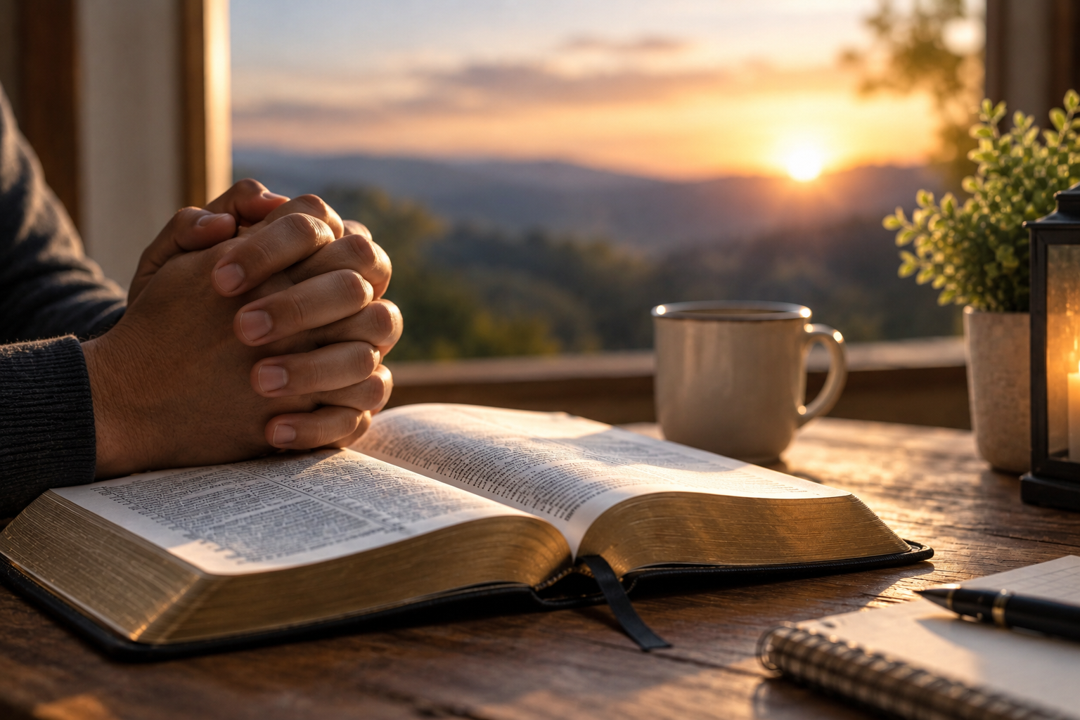 Manos juntas en oración sobre una Biblia abierta en un entorno al aire libre durante el atardecer con una taza, una libreta, una lámpara y plantas en una mesa.