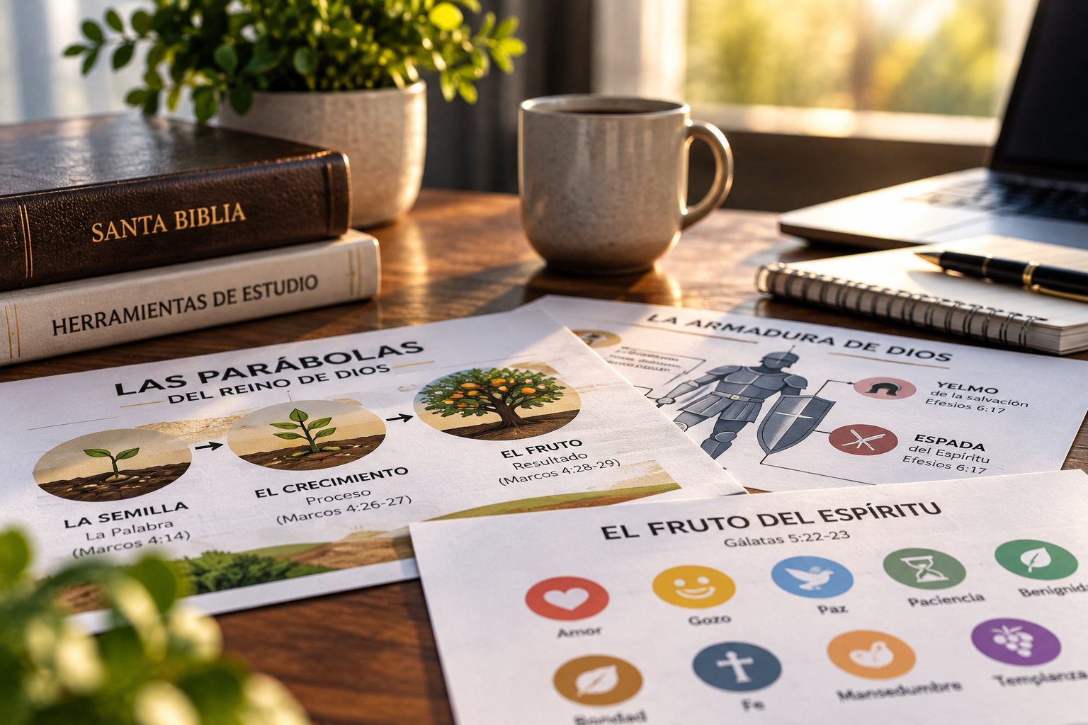 Estudio con libros, infografías y papeles sobre temas bíblicos, una taza de café, una libreta y una laptop en una mesa de madera, con luz natural.