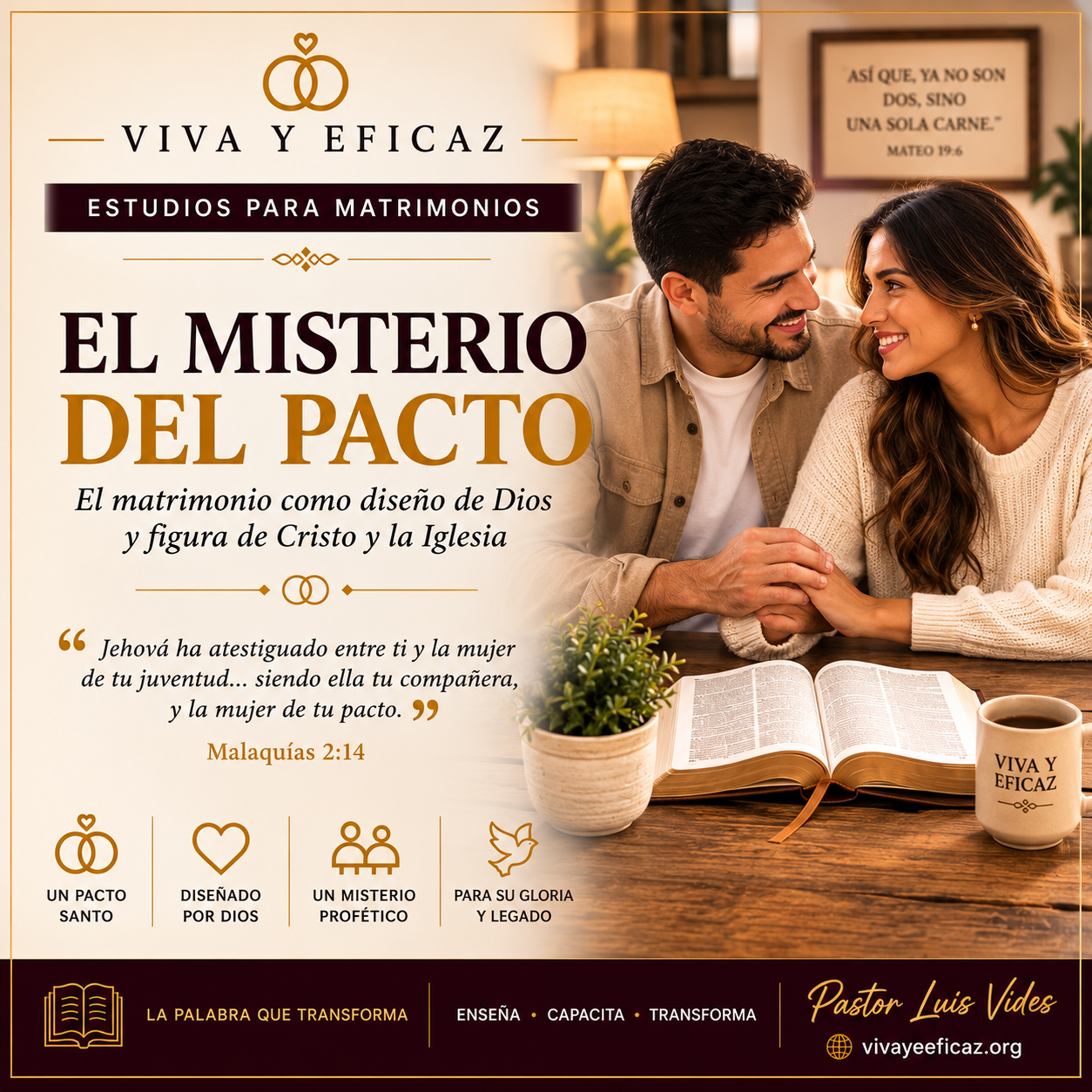 Un estudio bíblico sobre el matrimonio como pacto establecido por Dios, su propósito, su unidad y el gran misterio que representa: Cristo y su Iglesia. Una enseñanza para fortalecer el compromiso, la fidelidad y una vida matrimonial centrada en Crist