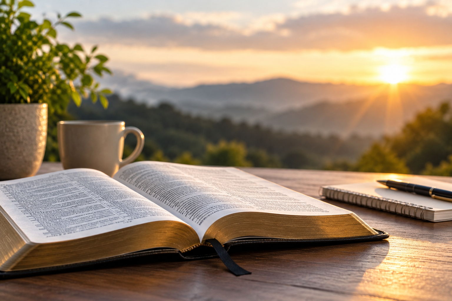 Un libro abierto sobre una mesa de madera, con una taza y una planta a la izquierda, y un cuaderno con bolígrafo a la derecha, todo en un entorno al aire libre con vista a montañas y un atardecer en el fondo. Viva y Eficaz