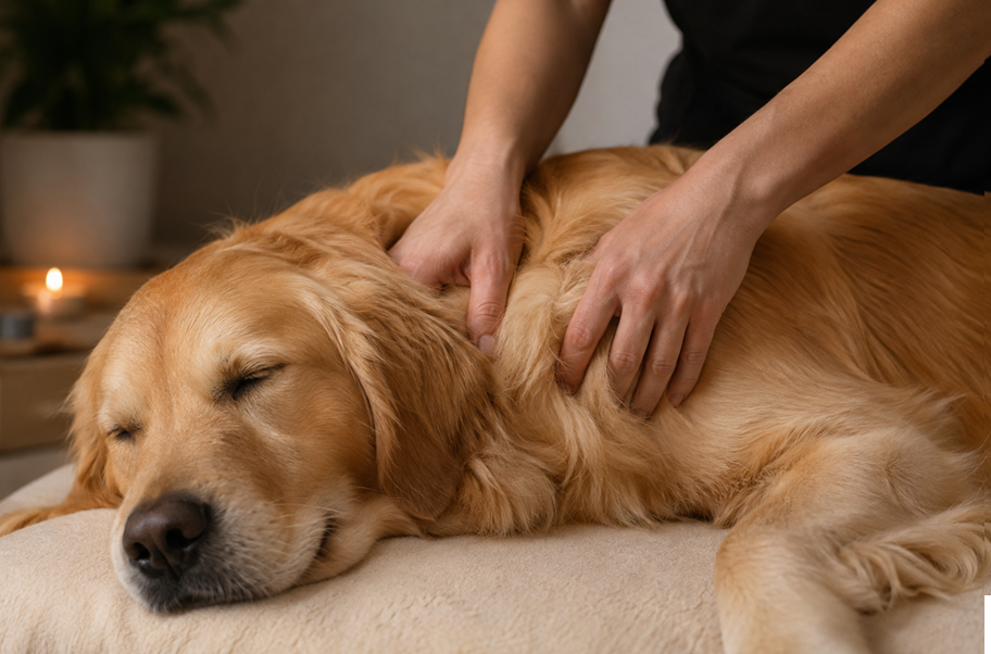 Person giving a massage to a golden retriever lying on a massage table in a cozy, warmly lit room.