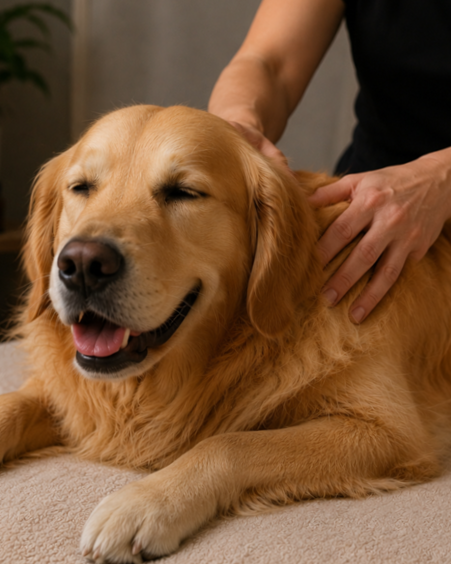 Person giving a relaxing massage to a golden retriever dog.