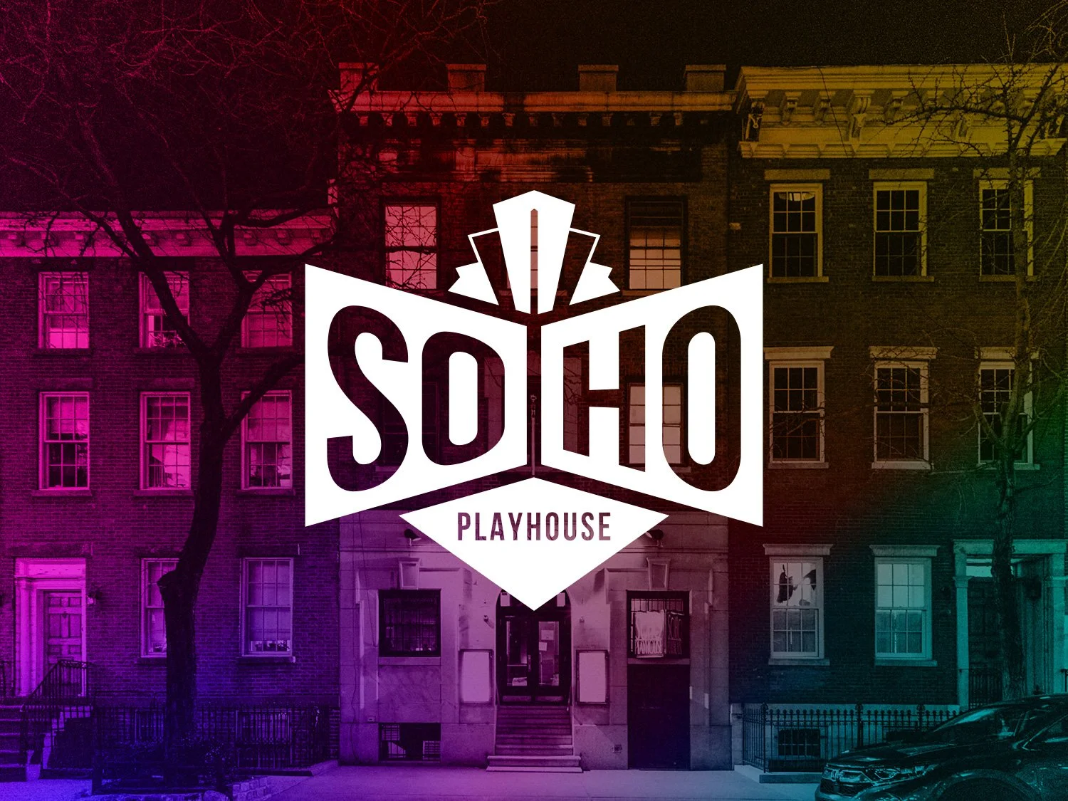 The Solto Playhouse logo over a background of a building with trees in front, buildings illuminated with pink, orange, green, and purple lights.