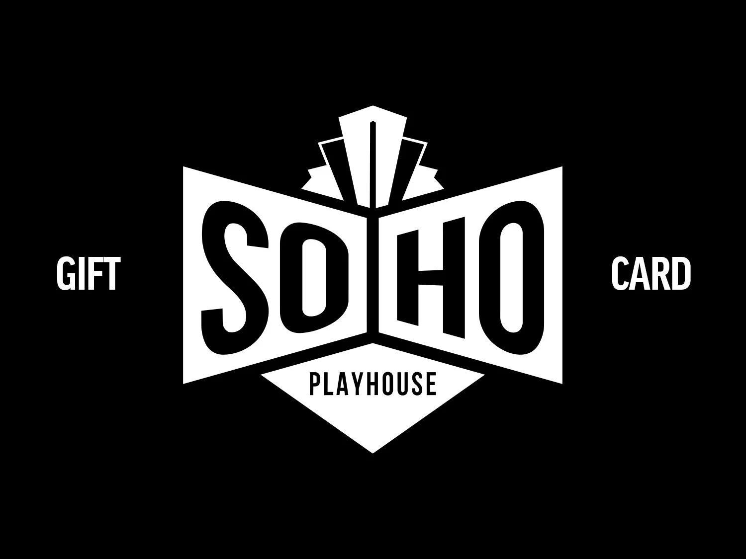 Black and white logo for SoHo Playhouse, featuring a stylized open book and the text 'Gift Card' on the sides and 'Playhouse' at the bottom.
