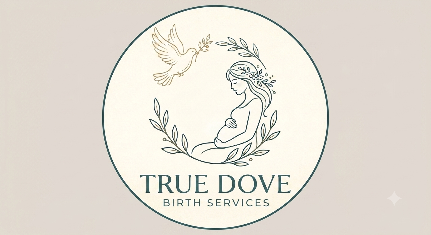 Logo for True Dove Birth Services featuring a line drawing of a pregnant woman with a floral crown, a dove, and surrounding leaves.