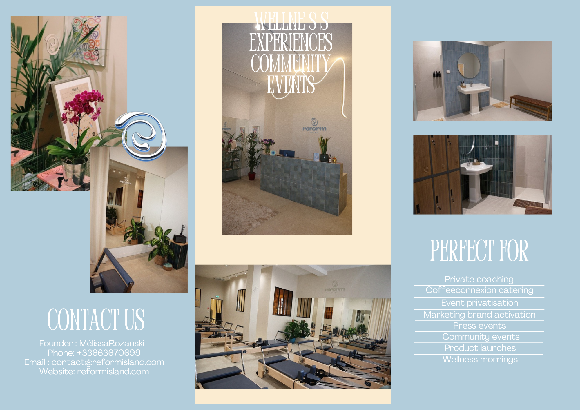 Collage de plusieurs images montrant un espace intérieur avec plantes, décoration et mobilier, probablement dans un centre de bien-être ou de fitness, avec un mur d'accueil, une salle de fitness avec des tapis de course, et des espaces pour des événements ou des rencontres, avec des textes mentionnant des services comme coaching privé, café, événements, marketing, lancements de produits et mornings bien-être.