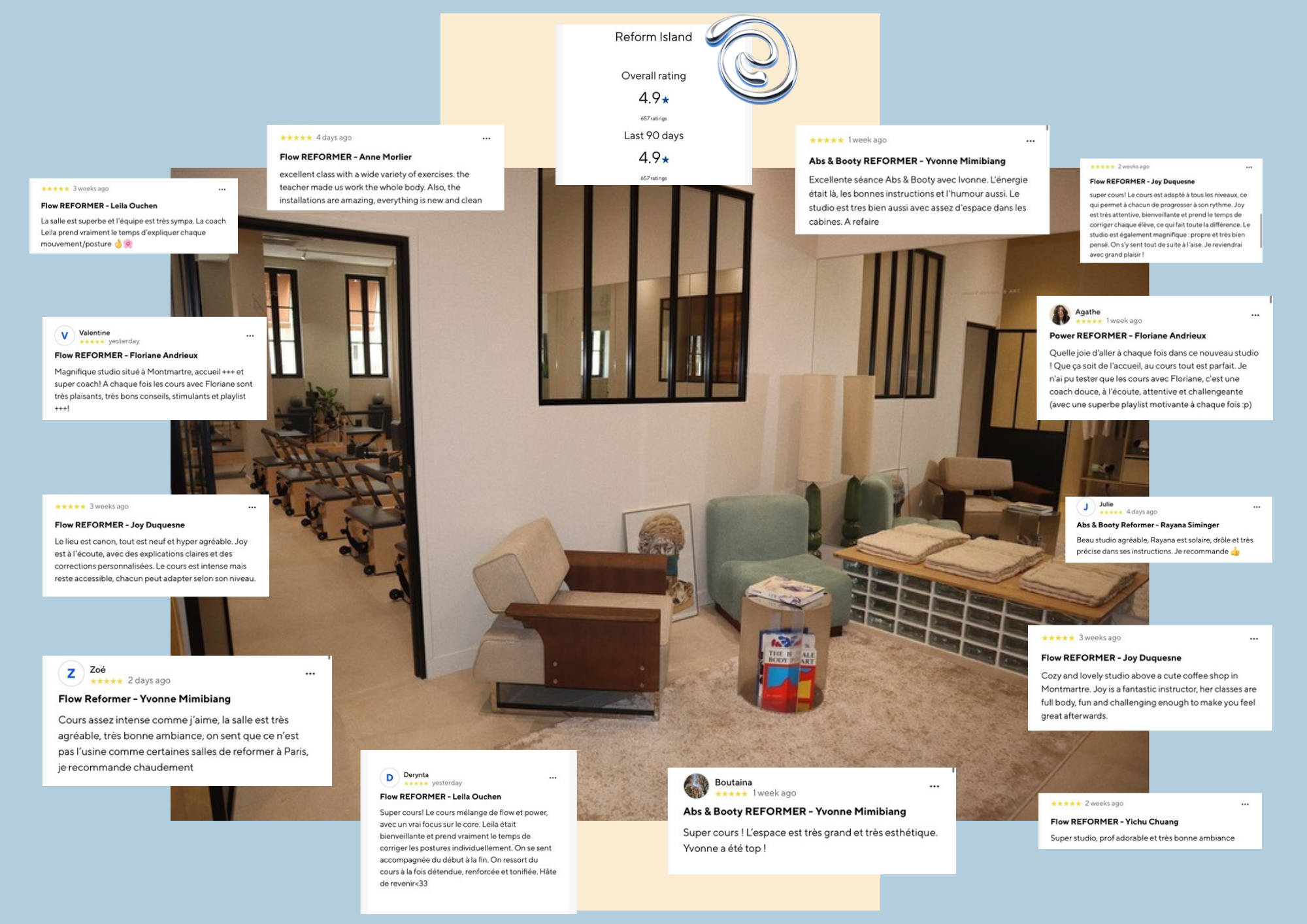 Un intérieur d'un studio de fitness ou de yoga avec divers commentaires de clients satisfaits en français, affichés en surimpression sur l'image. La pièce est bien éclairée avec des meubles confortables et des décorations modernes.