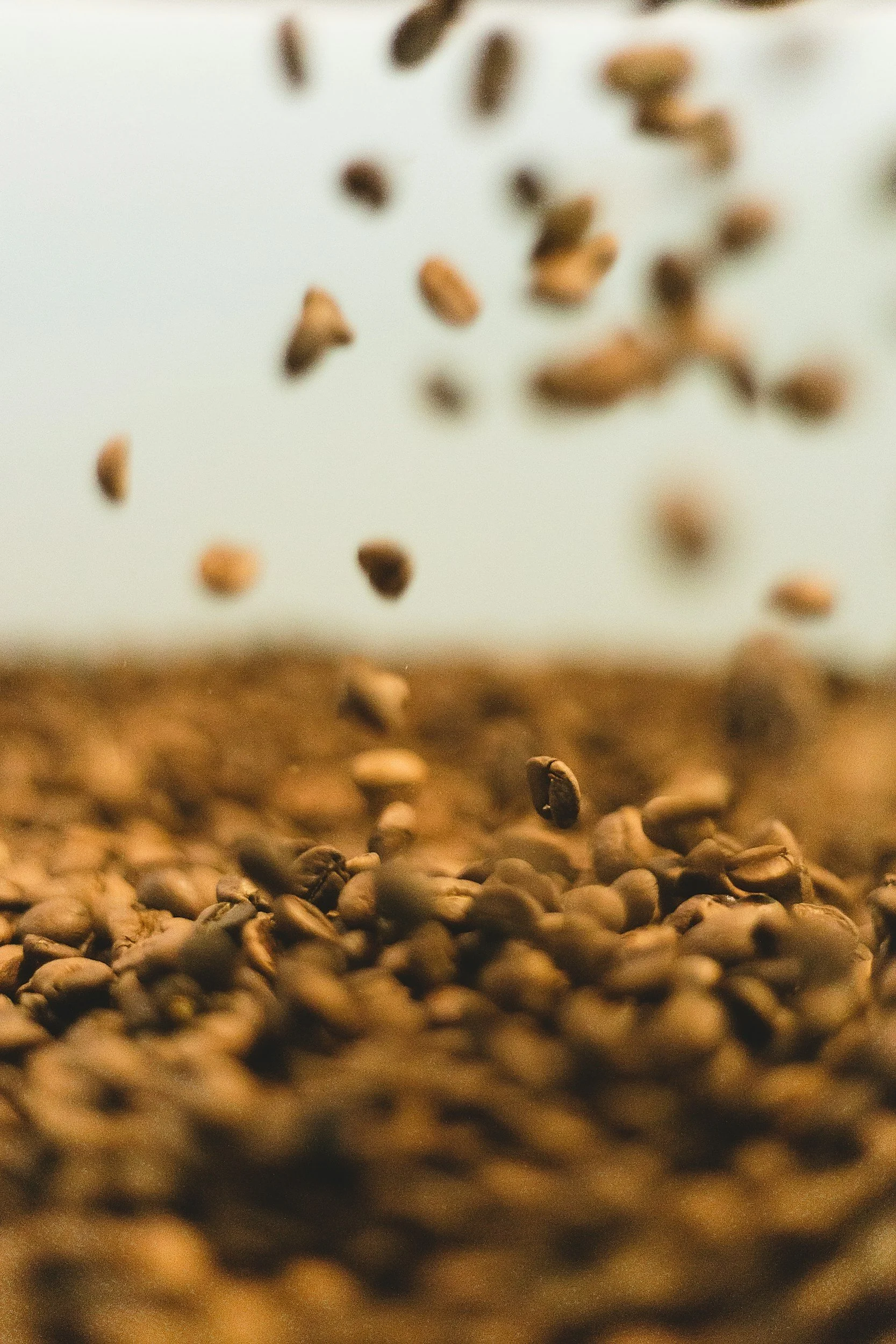 Close-up of scattered coffee beans with some beans falling through the air.