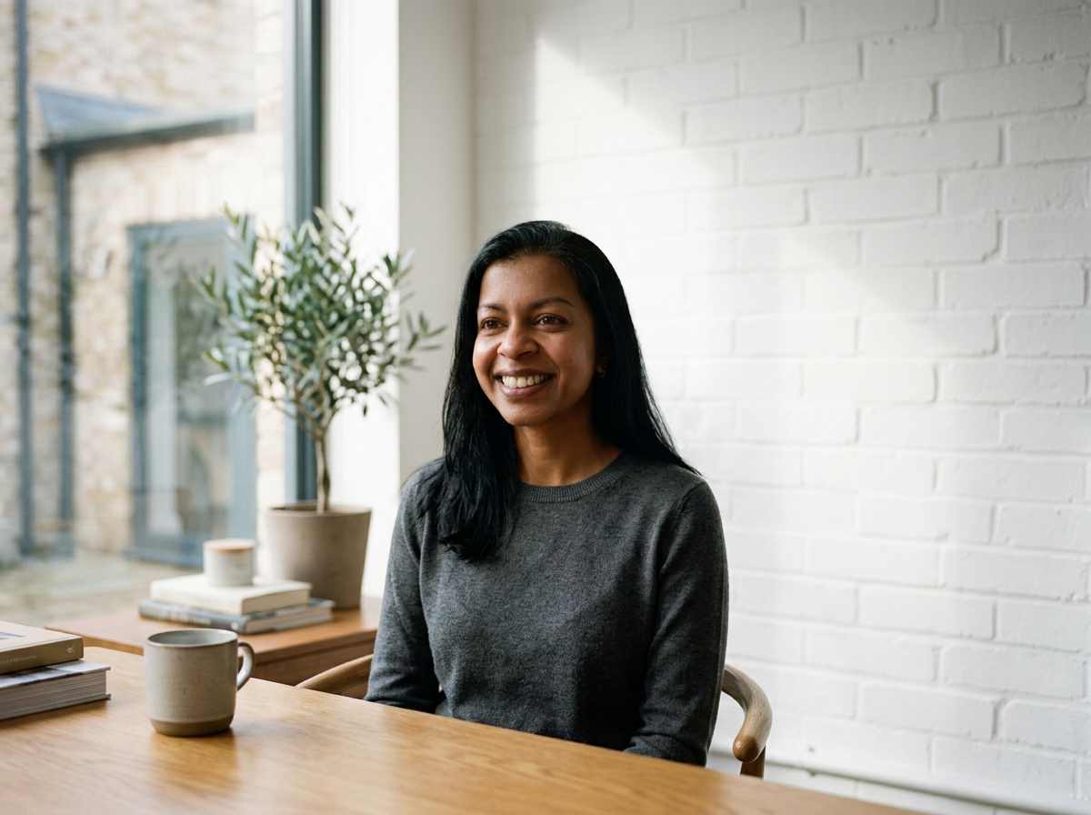 Smiling woman with black hair sitting at a wooden table in a bright room with a white brick wall, a window, and a potted plant in the background.