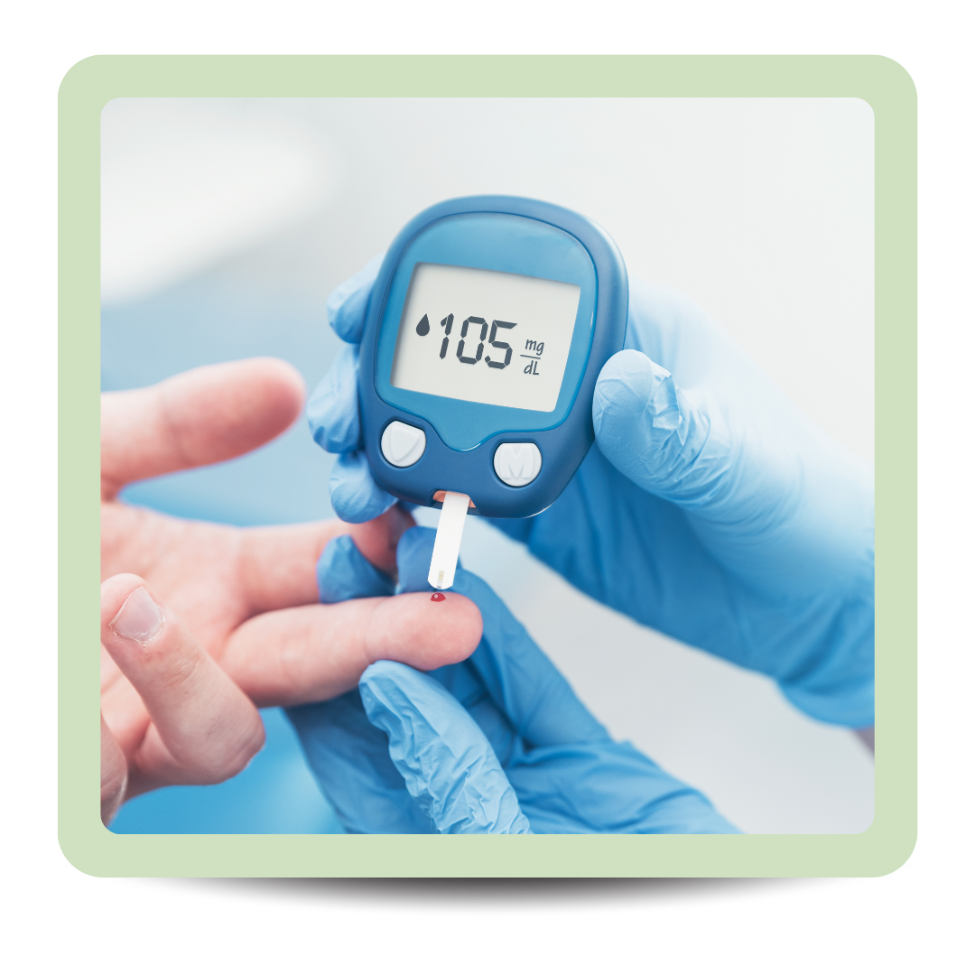 A healthcare professional using a glucometer to check blood sugar levels of a patient's finger. The glucometer displays a reading of 105 mg/dL.