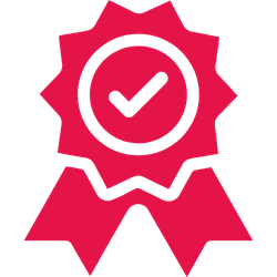 Pink award badge with a check mark inside a circle