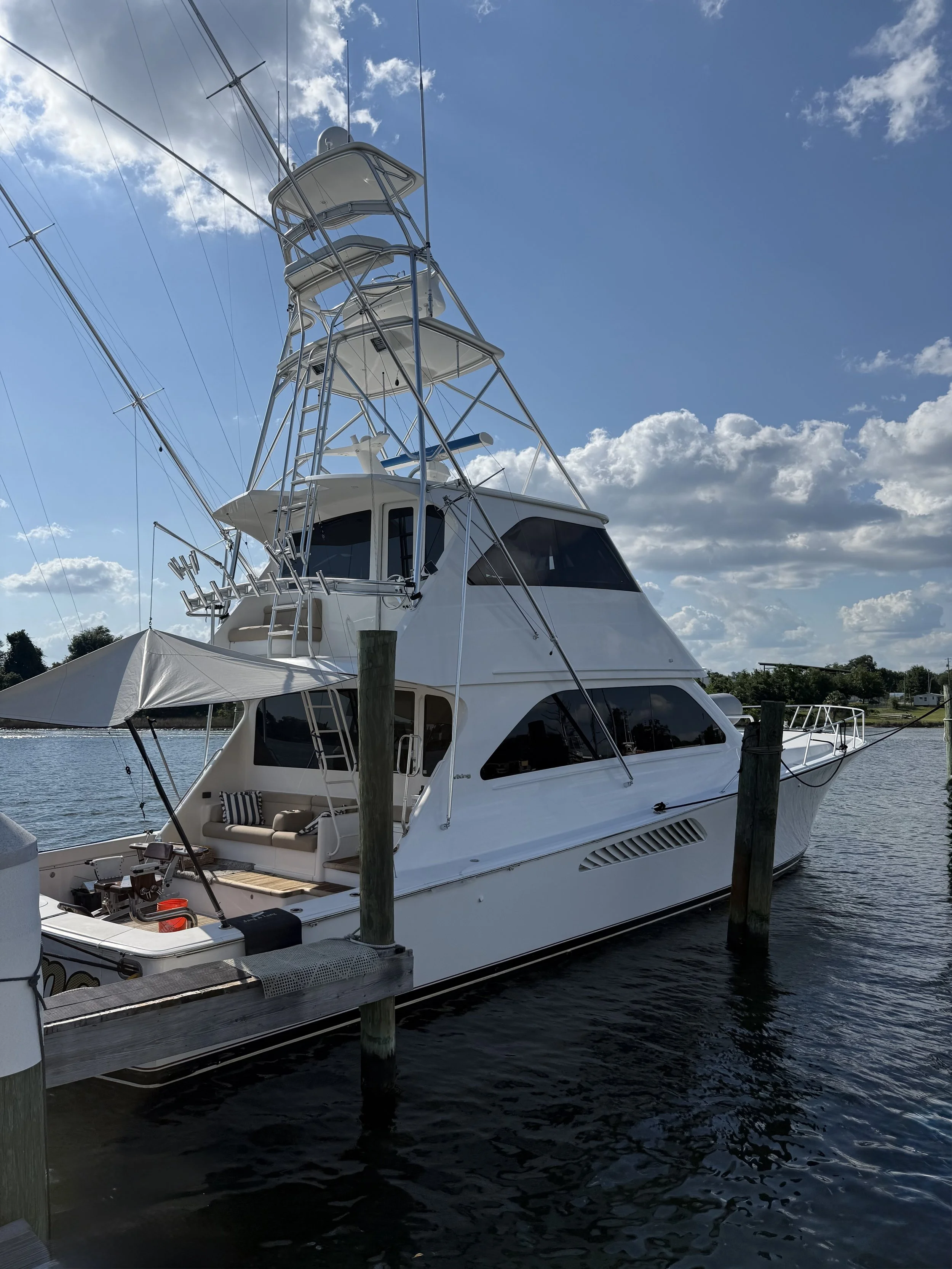 A 64' Viking boat parked in the slip at Panhandle Marina & Boatyard