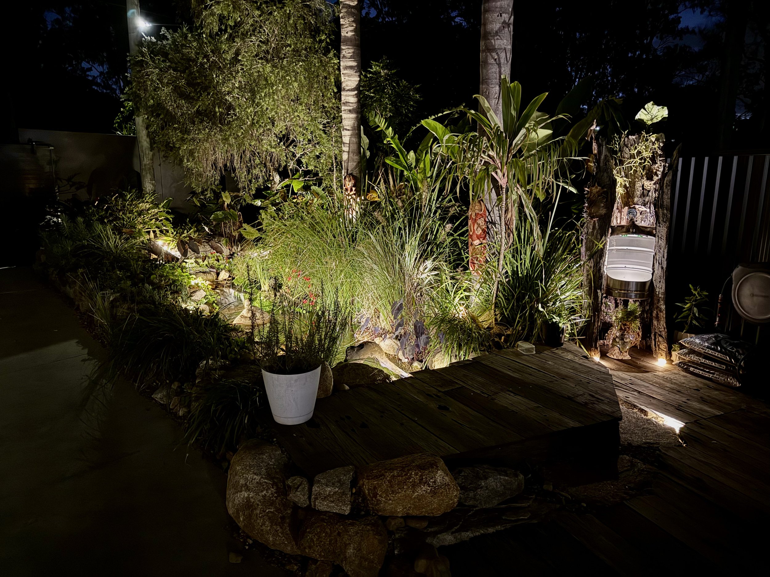 Nighttime view of a garden with various plants illuminated by outdoor lighting, including a potted plant, trees, and a wooden deck with rocks at the edge.