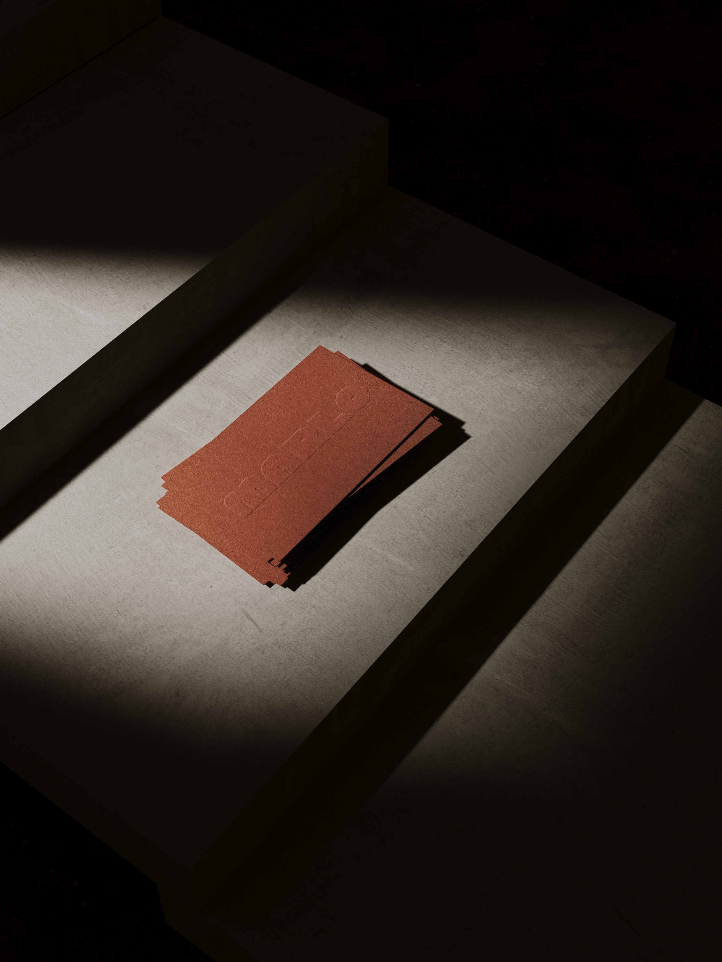 Dimly lit scene with a reddish-brown paper or booklet placed on a light-colored surface, with dark shadows and minimal lighting creating dramatic shadows.
