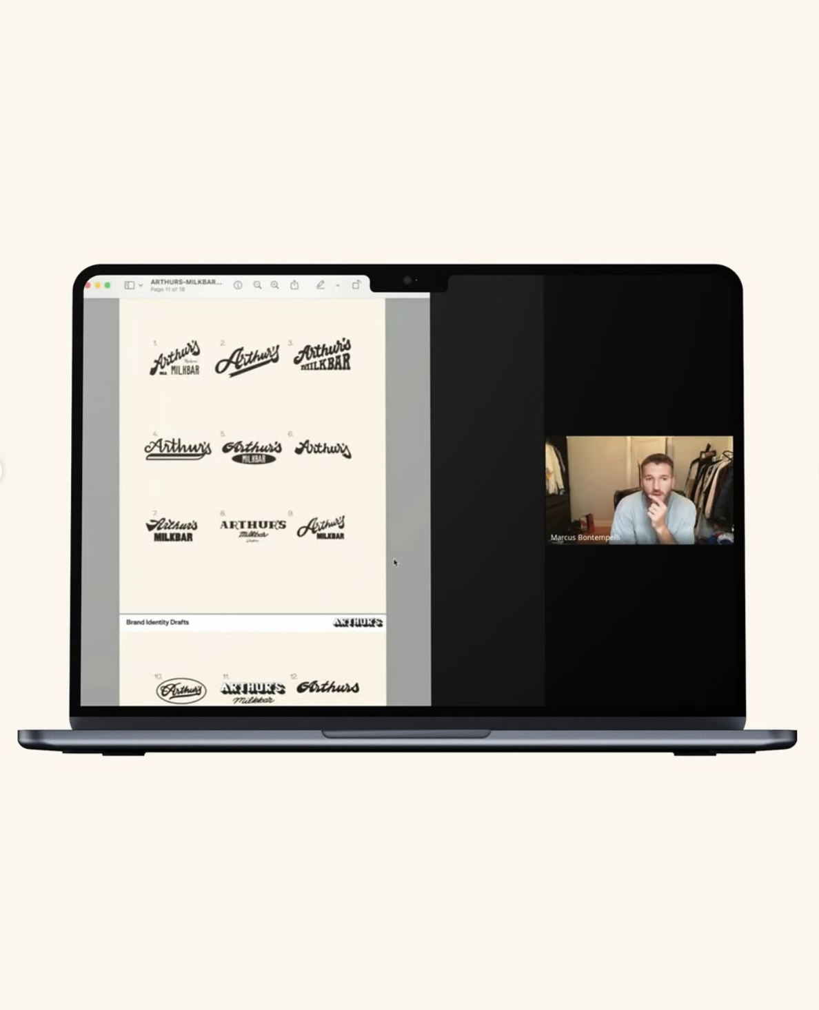 A laptop screen displaying a video call with a man and a design sketch of various logos for 'Arthur's Milkbar', with different fonts and styles.
