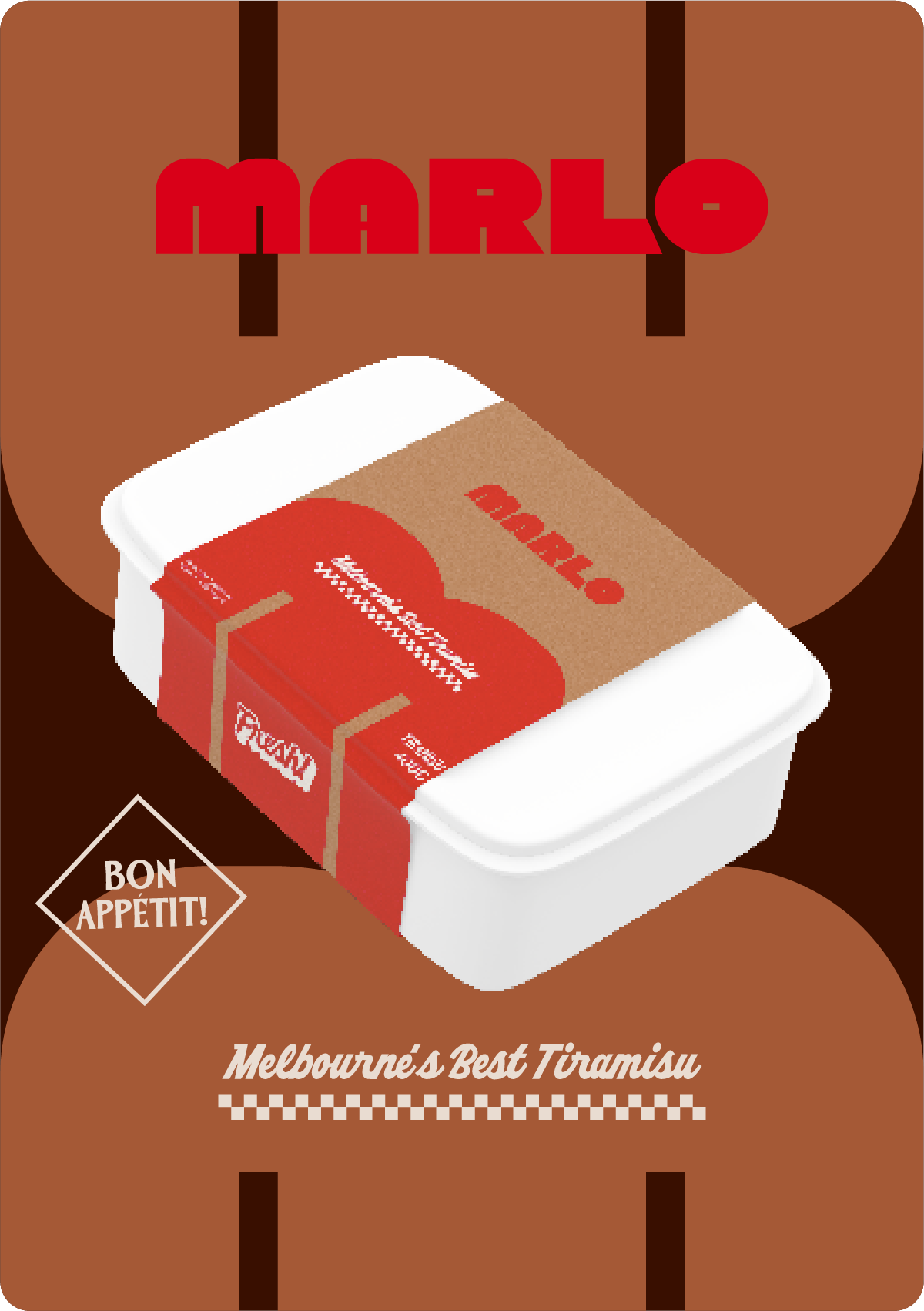 A container of Melbourne's best tiramisu with a brown background and red text.