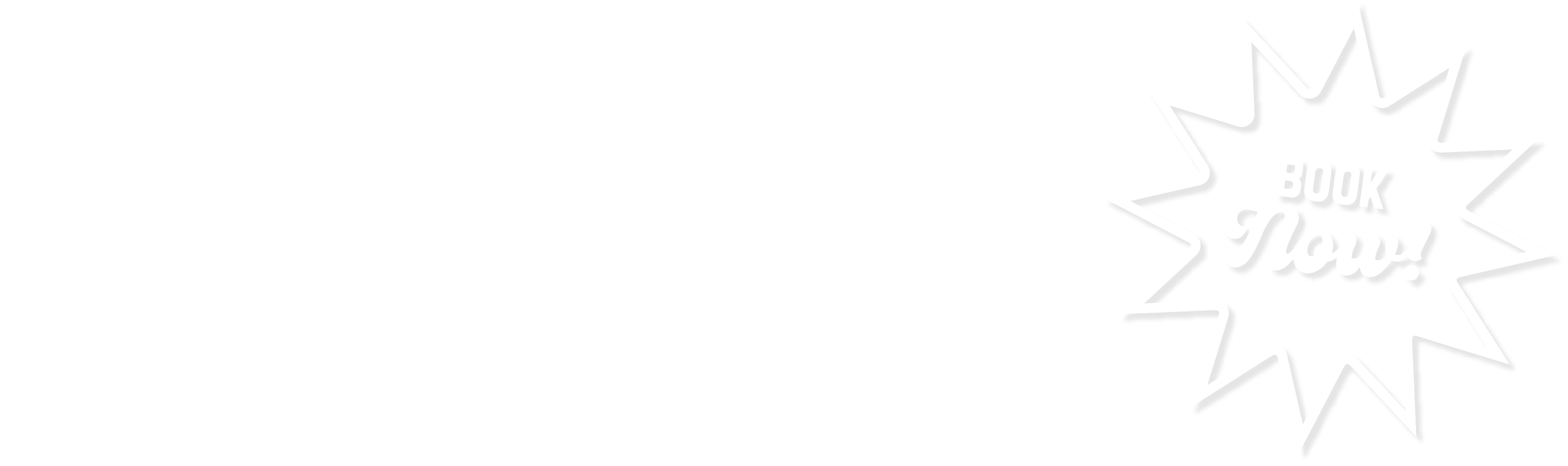 Black and white promotional graphic with three sections: a circular logo with a globe and text 'GOOD DEEDS AROUND THE WORLD' around it, a centered oval logo with 'G' and 'I', and a jagged speech bubble with the words 'BOOK Now!' inside.