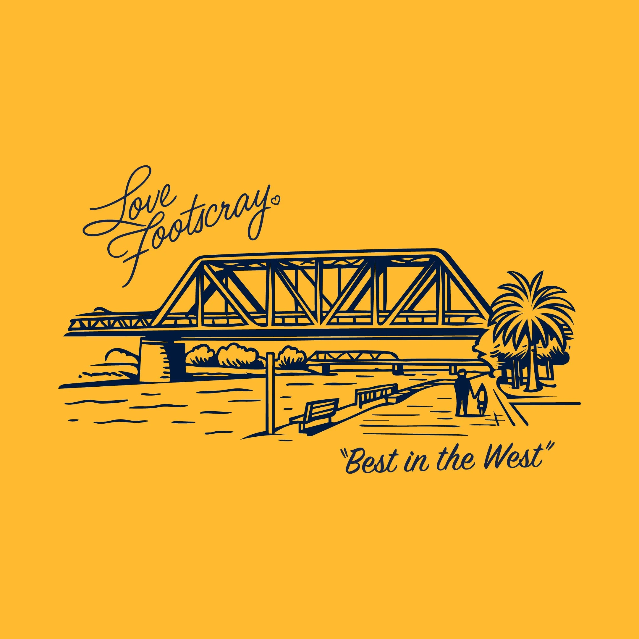 Line drawing of a bridge with the phrase "Port in the West" and a palm tree on a yellow background.