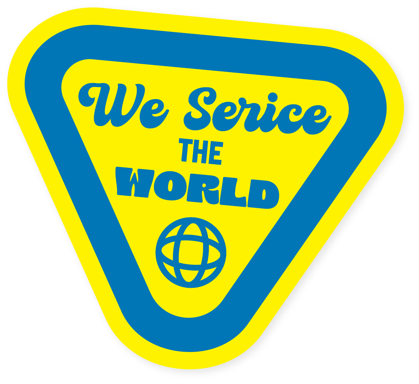 A triangular logo with a yellow background, blue border, and the text 'We Service The World' with a globe icon at the bottom.