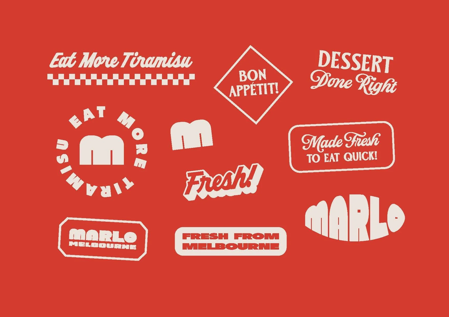 Red background with various white text and graphic slogans promoting fresh produce from Melbourne, including phrases like 'Eat More Tiramisu,' 'Bon Appetit!,' 'DESSERT Done Right,' 'Made Fresh to Eat Quick!,' and 'FRESH FROM MELBOURNE,' along with st