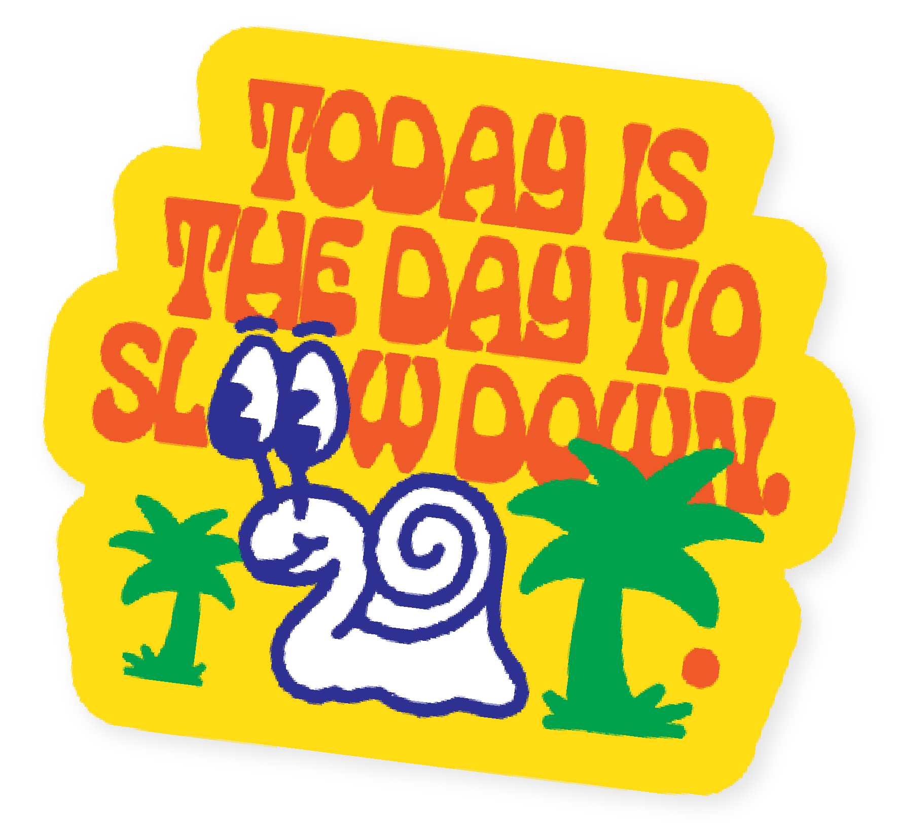 Colorful illustration with the words "TOO COOL TO BE HOT" and a white dinosaur wearing sunglasses, surrounded by green palm trees and orange dots on a yellow background.