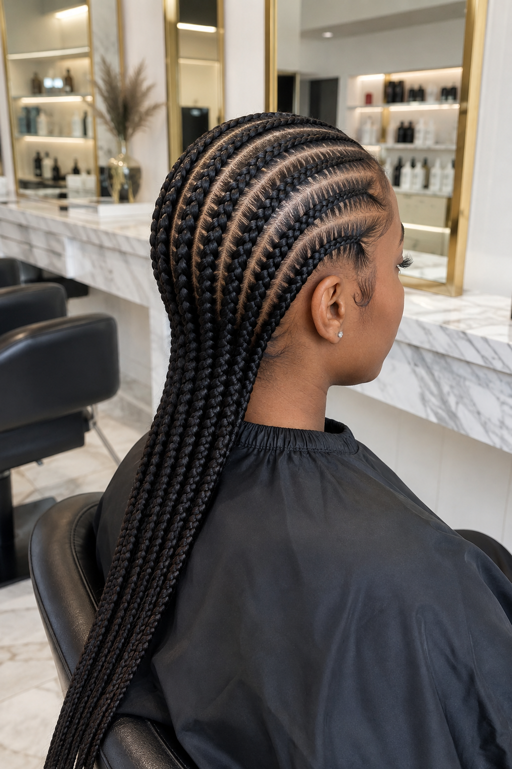 A woman with intricate, neatly braided cornrows sitting in a salon chair, with shelves of hair products and a marble counter in the background.