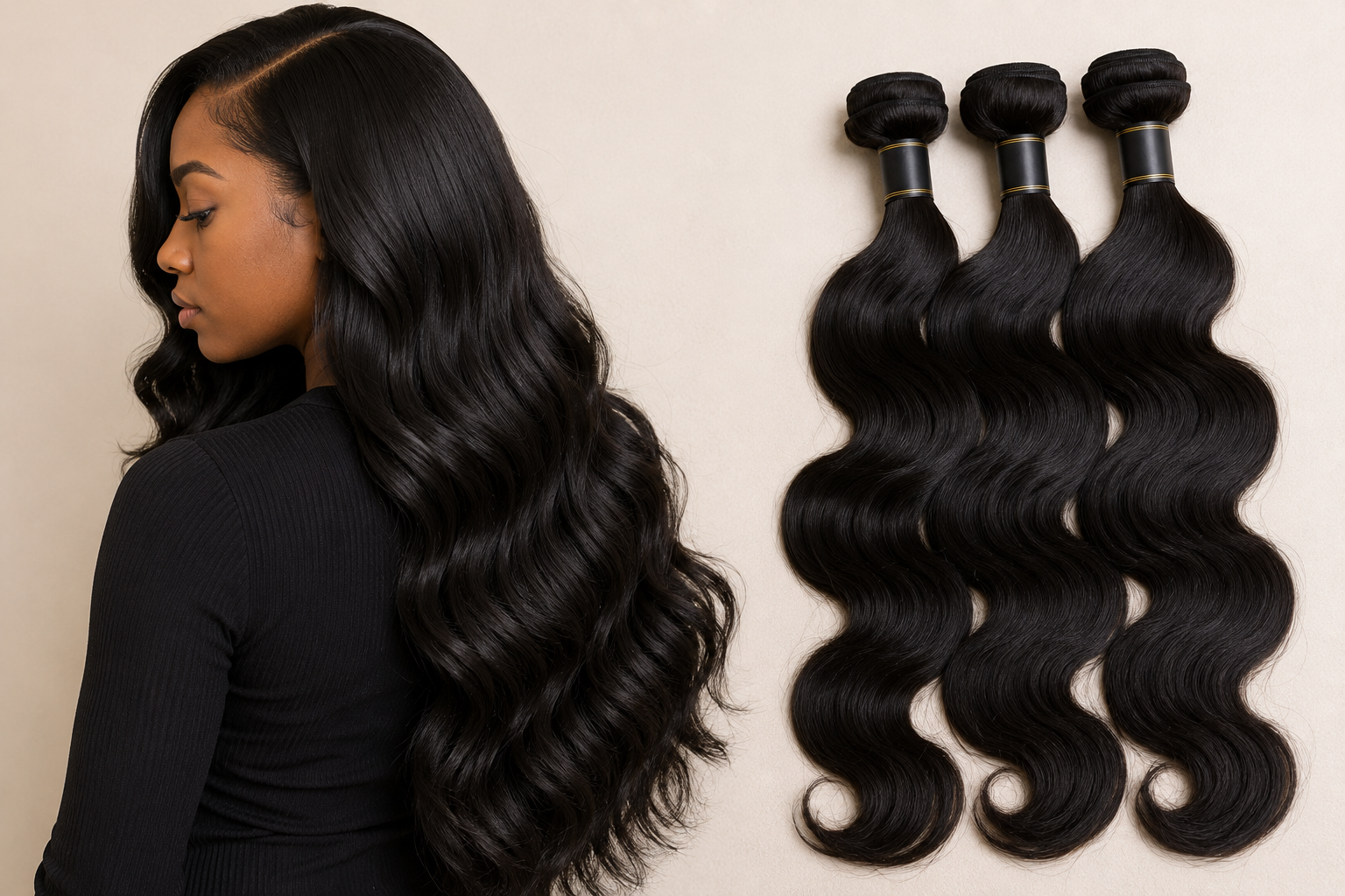 A woman with long, wavy black hair standing beside three bundles of the same hair texture.