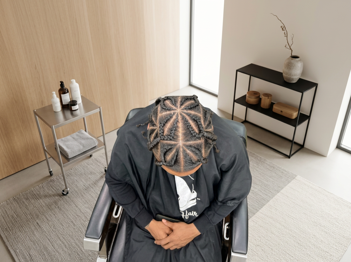 A person with braided hair sitting in a black salon chair with arms crossed, facing downward in a modern, minimalist room with wooden and white walls, a small metal cart with bottles and towels, and a black shelving unit with wooden containers, next to a window.