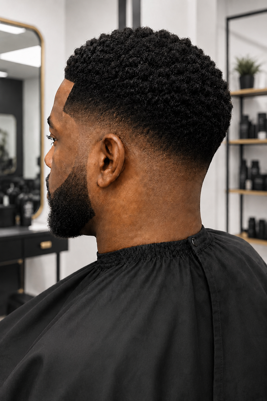 Side view of a man with a fresh fade haircut and curly hair on top, seated in a barber shop.